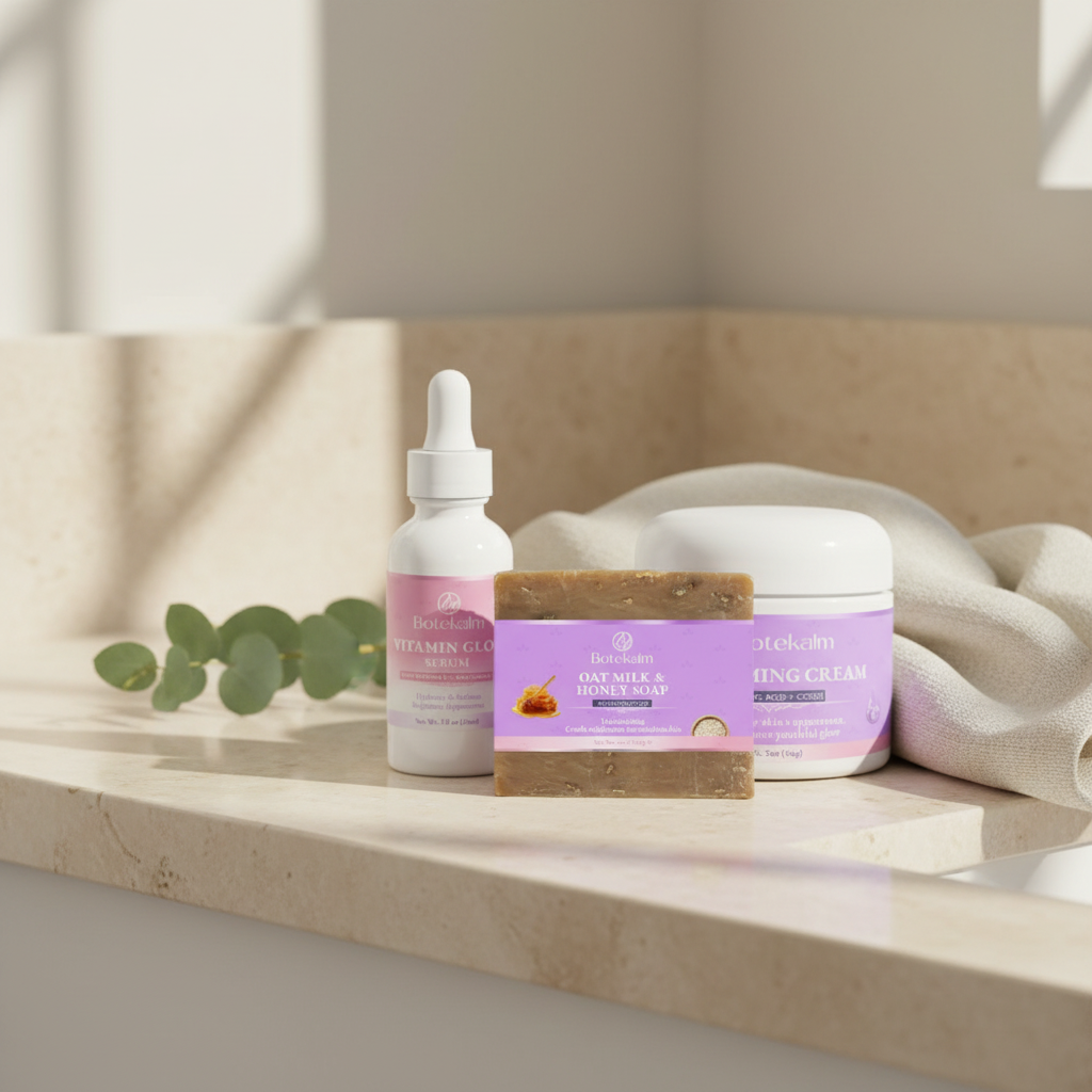Calm Restore Trio skincare set on a stone bathroom counter with a linen towel and eucalyptus